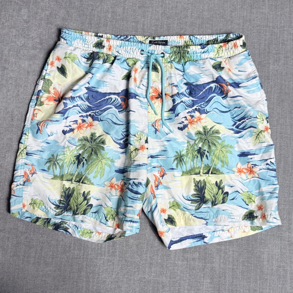 Club Room Mens XL Tropical Palm Tree Hibiscus Print Swim Trunks Blue 7in Inseam